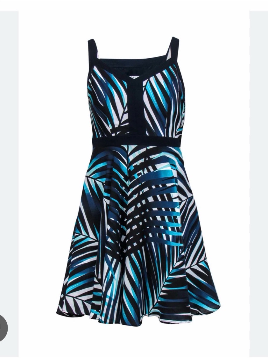 Trina Turk Sleeveless Palm-Print Fit & Flare Dress In Teal & Black